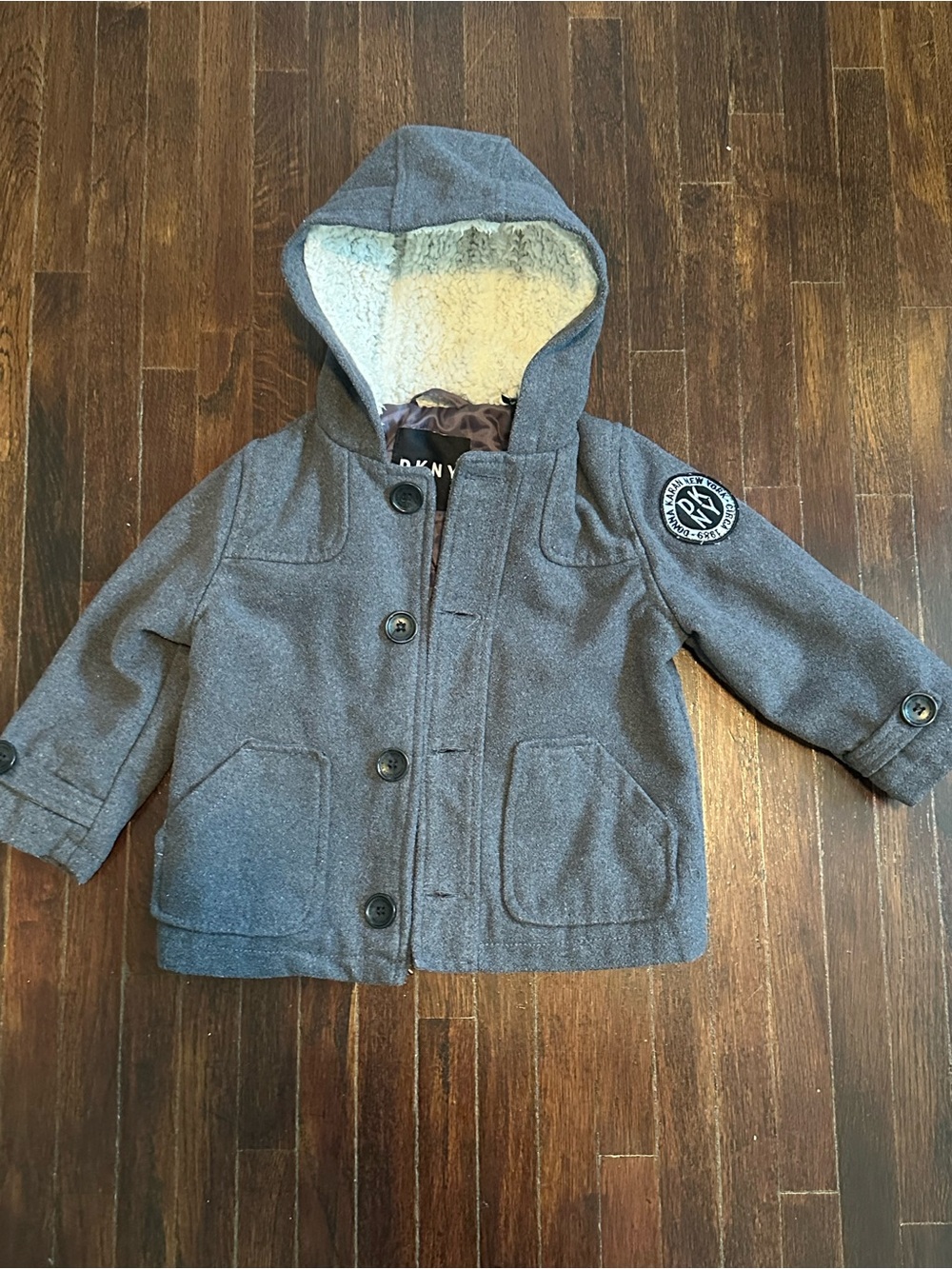 DKNY Toddler Boys' Gray Wool-Blend Pea Coat Hooded Jacket Size 24M